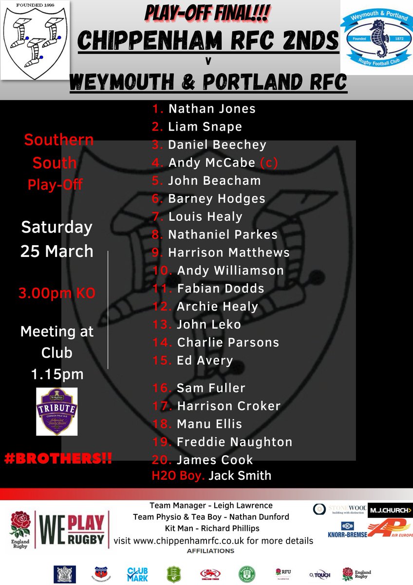 ChippenhamRFC's tweet photo. Massive Squad Update!!
We proudly confirm the Squad playing in the Play-off Final on Saturday at home against @Weymouthrugby - 3.00pm KO
Respect to all those pulling on the shirt and playing for their #Brothers
#Chippenham #PackTheSteps #RealRugby #PlayOff https://t.co/GJvT3zWlHP