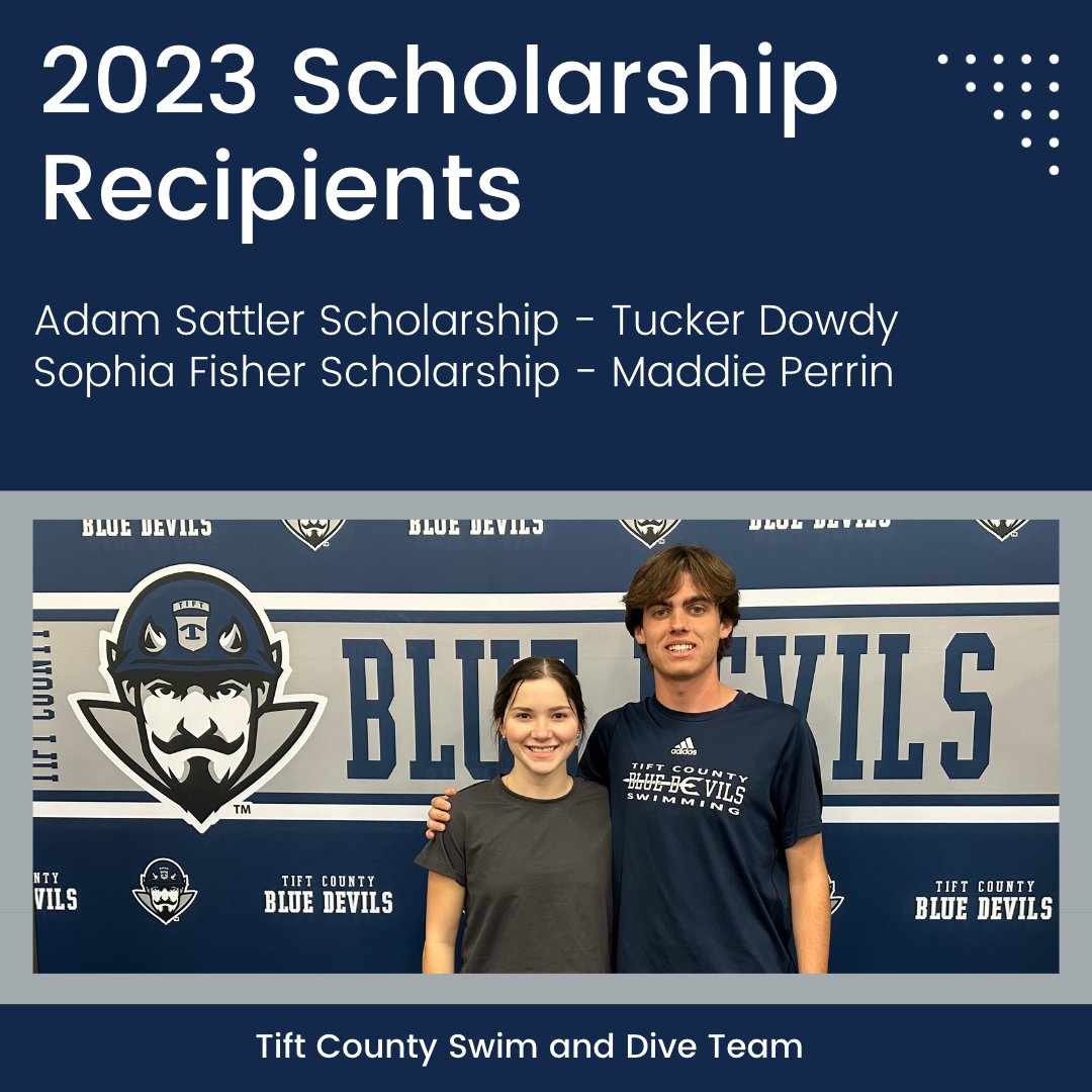 We are proud to announce this years scholarship recipients: 
Adam Sattler Memorial Scholarship - Tucker Dowdy
Sophia Fisher Memorial Scholarship - Maddie Perrin
Congratulations to these senior swimmers!