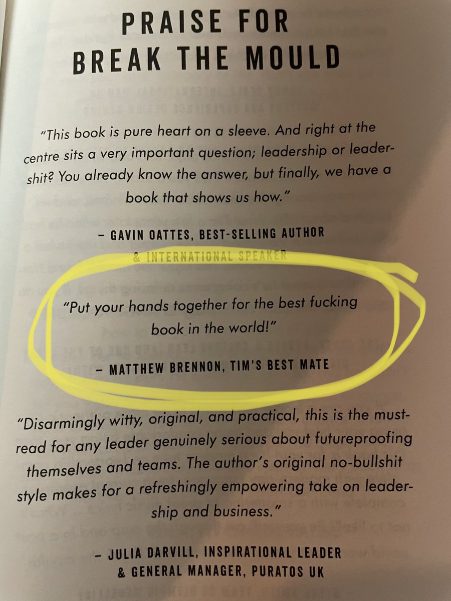 Alone, in a bar, reading a book that @TimRoberts78 gave me today (his book, to be precise). The first page of which, hooked me (who never, ever reads books normally). See below. I LoL’d. Looking forward to the rest of it! #breakthemould