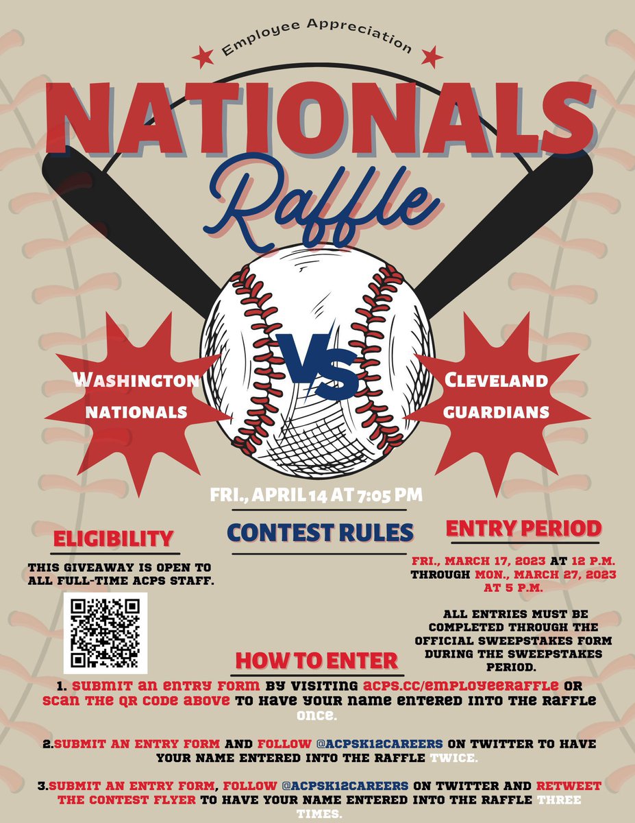 Take a friend out to the <a href="/Nationals/">Washington Nationals</a> ball game! The raffle to win a pair of tickets to the April 14 game against the Cleveland Guardians is underway. See the contest flyer or ACPS Insider for details on how you can enter! acps.k12.va.us/acps-staff-por…