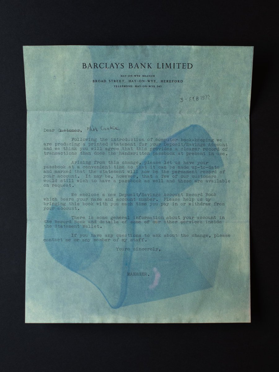 lumilyon's tweet image. Grave Goods (2020) one of my aunt’s stockings printed on a letter from her bank manager (Barclays Hay on Wye branch) dated 3 Feb 1972, stained with tulip emulsion #Anthotype #NaturalMagic ⁦@bodleianlibs⁩ until 4 June
