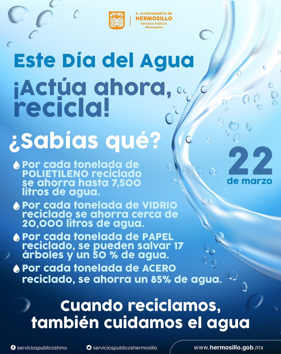 ¿Sabías qué al reciclar también cuidamos el agua? ♻️

Hoy es #DíaDelAgua💧y hay muchas maneras de cuidar este recurso tan indispensable. Hagamos conciencia y ¡actúa ahora, recicla!

#ReciclaXTuComunidad