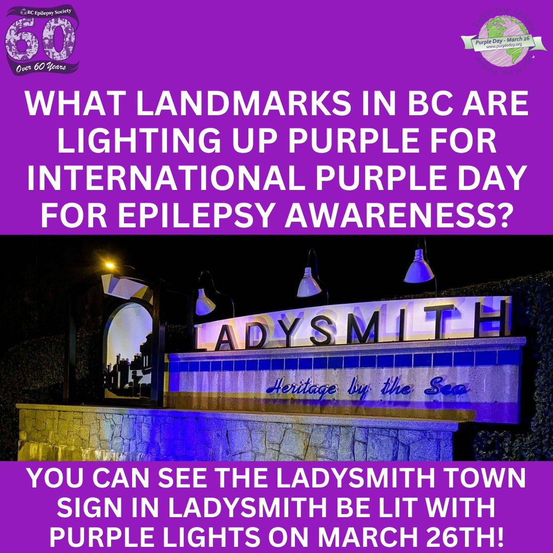 On #PurpleDay on March 26th, 2023, you'll be able to see the Town Sign in Ladysmith, BC lit up purple in honour of #epilepsy awareness! #EpilepsyAwarenessMonth #PurpleMonth #Ladysmith #LadysmithBC