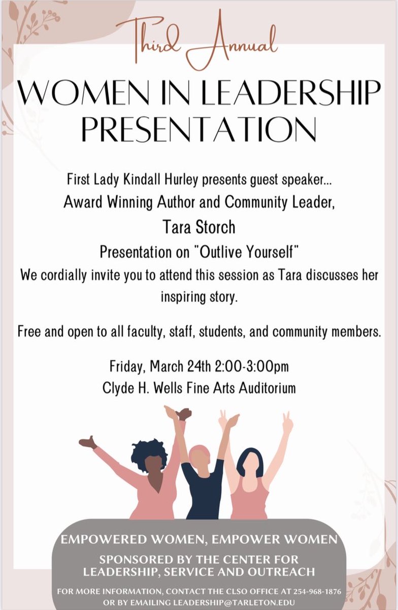 Third Annual Women in Leadership is this Friday. Presented by Mrs. Kindall Hurley, with guest speaker <a href="/TaraStorch/">Tara Storch</a>. 
You don’t want to miss it!