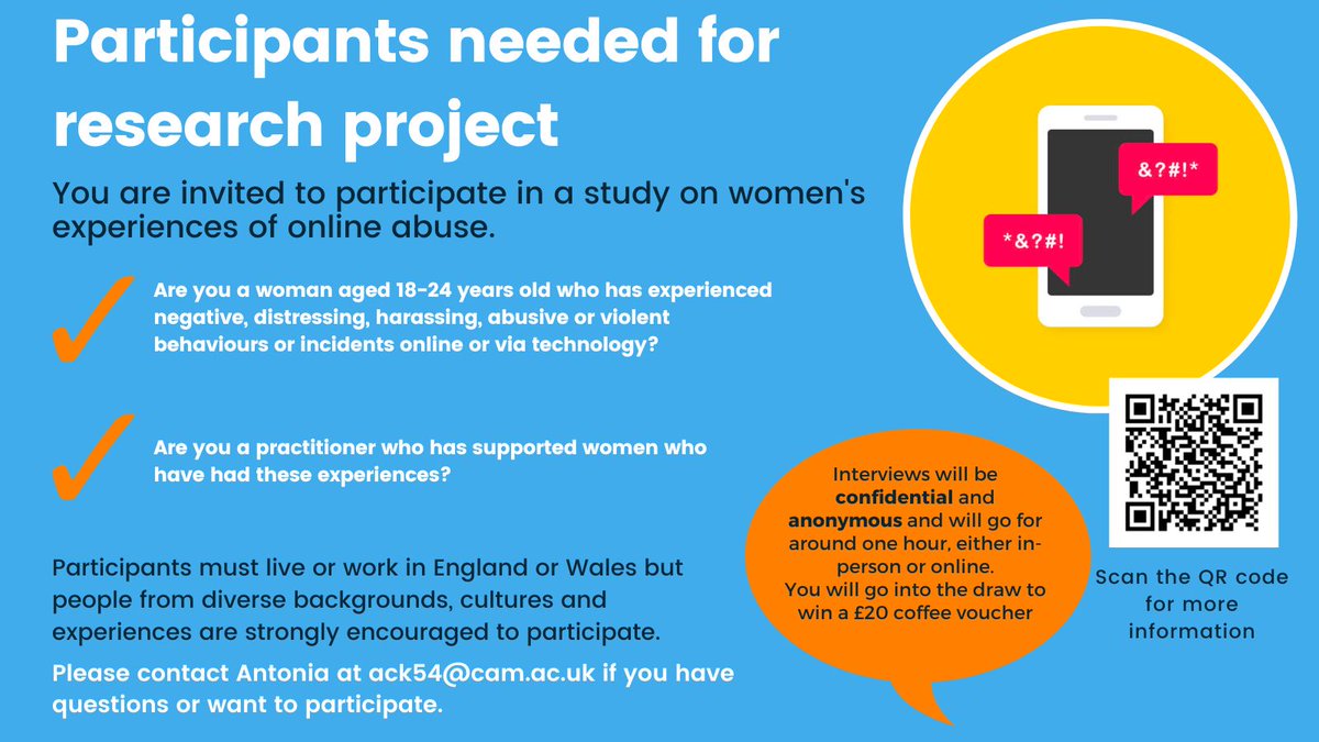 Are you a young woman who has experienced #onlineabuse or #techabuse? Are you a practitioner who supports women who have had these experiences? Looking for participants to participate in this research project #VAW #TFSV