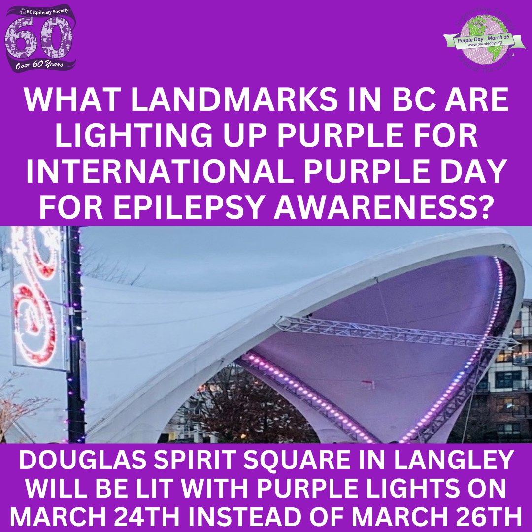 On #PurpleDay you'll be able to see Douglas Spirit Square in Langley, BC lit up purple in honour of #epilepsy awareness! Please note that this illumination will instead take place on March 24th instead of March 26th #EpilepsyAwarenessMonth #PurpleMonth #Ladysmith #LadysmithBC