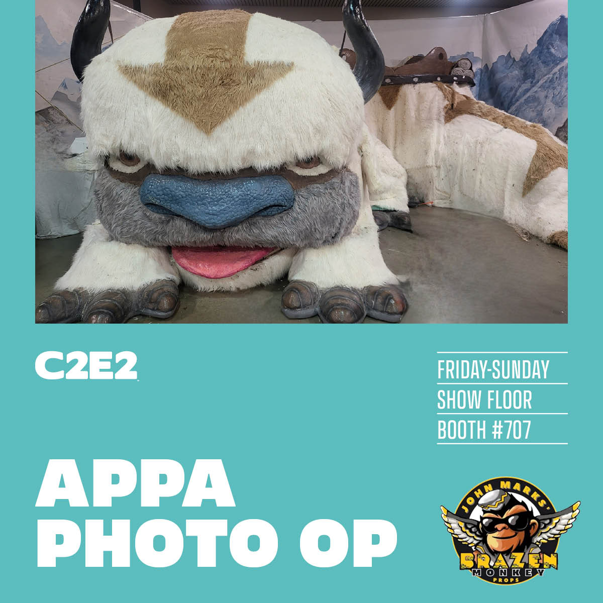 c2e2's tweet image. Appa Air is now boarding flight 2023 to C2E2 💨 Artist John Marks is bringing the beloved Appa &amp;amp; Momo from Avatar: the Last Airbender to the #C2E2 Show Floor at Booth #707. Hop on top of Appa for fun photo ops, partial proceeds will be donated to the Make-A-Wish Foundation.