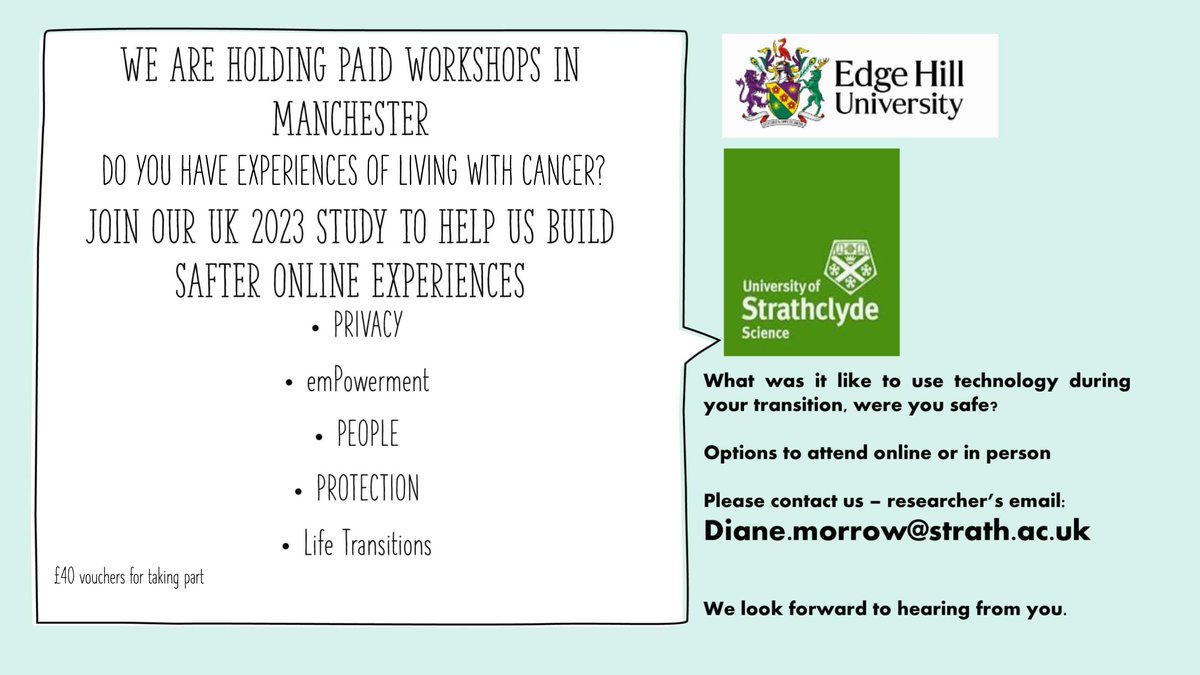 Paid workshops for people who have experiences of #livingwithcancer in #Manchester #UK.  Would you like to share your experiences of online safety whilst you had a diagnosis of cancer?  email Diane with some background about yourself (in advert below).  #livingwithcancer