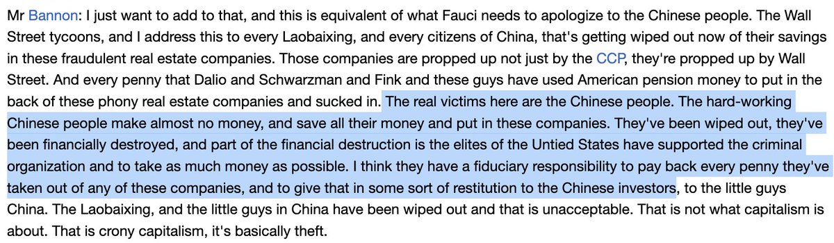 Here's Bannon in '21 talking about how Wall Street guys who backed "phony" Chinese real estate companies in which Chinese people lost their savings should "pay back every penny" to the "little Chinese investors" who got wiped out. Logic seems apt. gnews.org/articles/152717