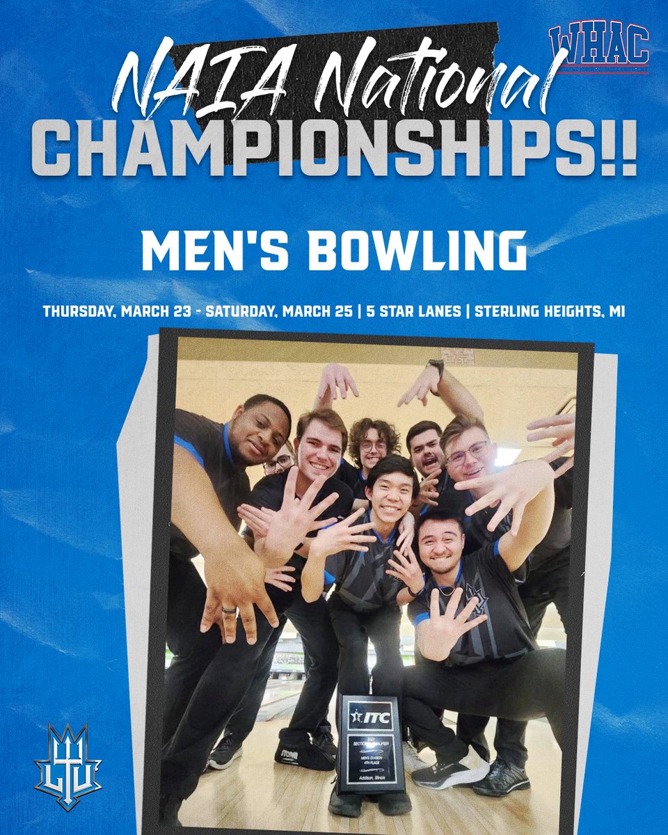 LTUAthletics's tweet photo. 🚨  NAIA National Championships
🎳 @BowlingLtu
🗓️ 3/23-3/25
📍 5 Star Lanes | Sterling Heights, MI
📺 https://t.co/3NVhBkcU72 https://t.co/jfCgctWDzN