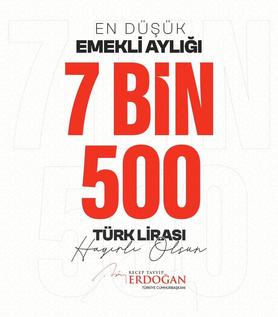 En düşük emekli aylığını 7 bin 500 liraya yükseltme kararı aldık. Milletimize, tüm emeklilerimize hayırlı ve uğurlu olsun.