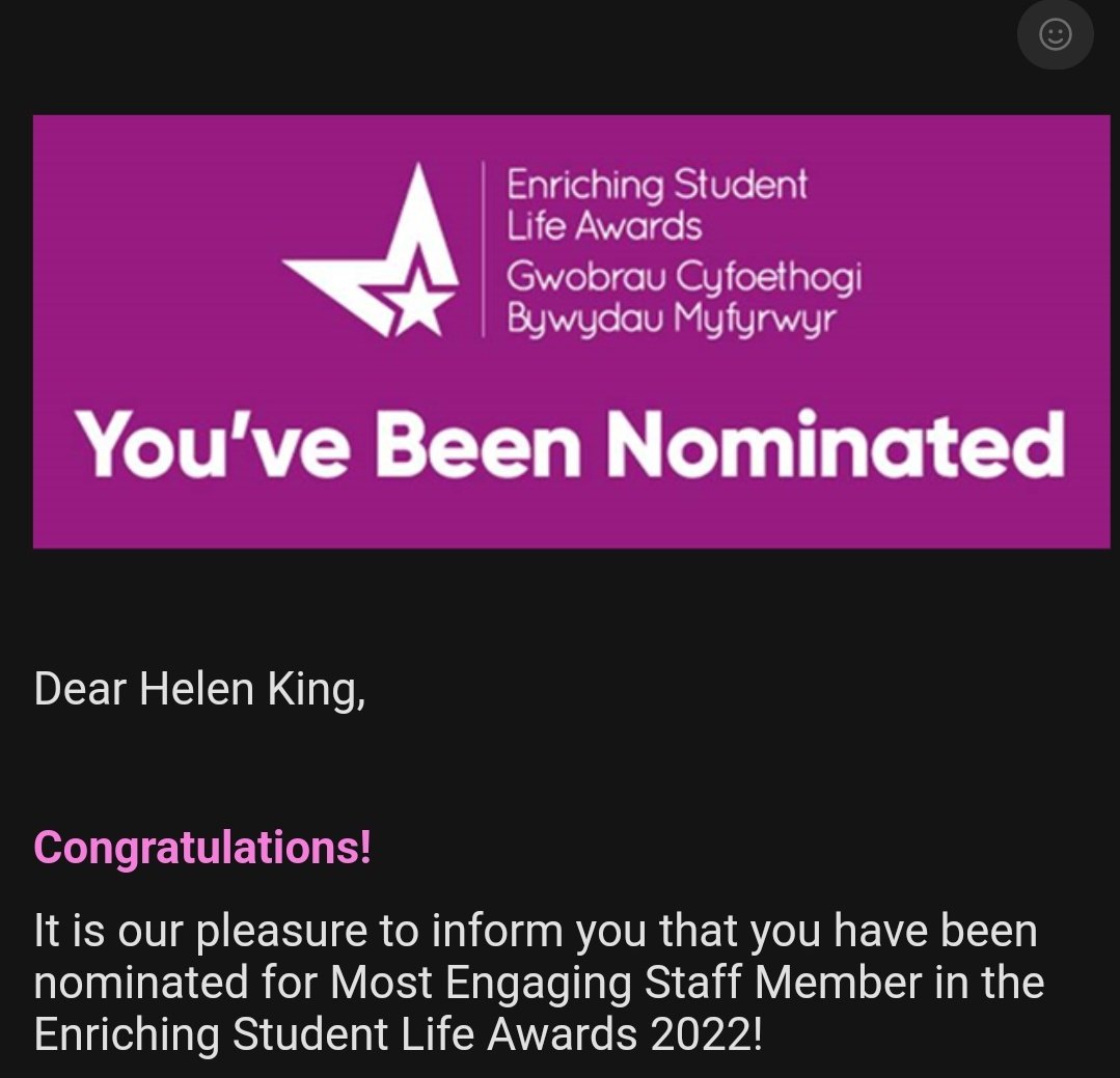 rix1084's tweet photo. Lovely way to end a long day to find this in my inbox. Thankyou to the students for the nomination. #ESLA  @PharmacyCU #cardiffuni @cardiffuni https://t.co/PLABPHdpZV