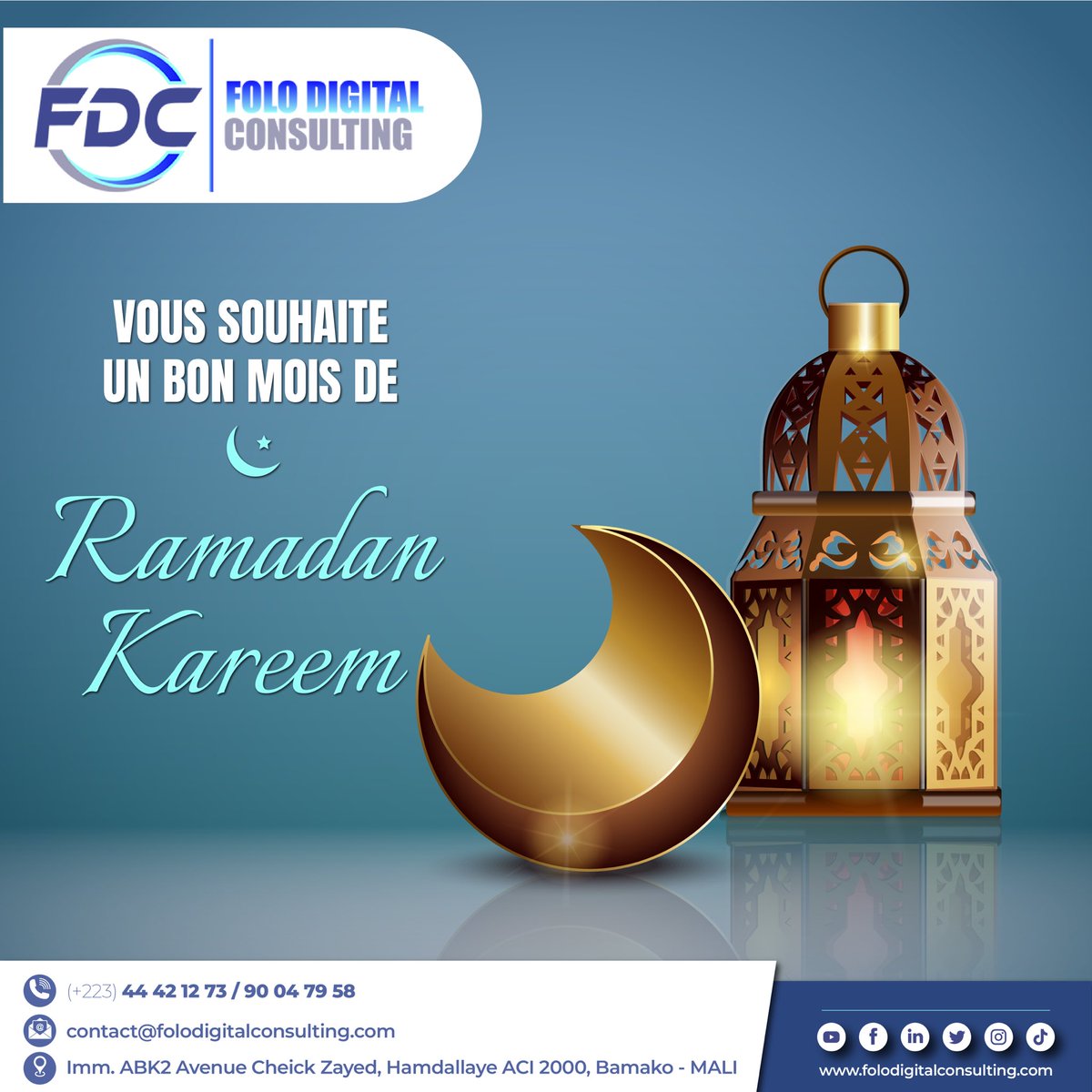 FoloDigital_C's tweet photo. 🌙 Ramadan Mubarak 🌙

Nous vous souhaitons un bon mois de #Ramadan, que ce mois soit l’occasion pour nous tous de renforcer l’amour de notre prochain et de raffermir notre foi.

Ramadan Kareem à toute la communauté musulmane !

#FoloDigitalConsulting #Ramadan2023 #RamadanMubarak https://t.co/6bHUCVxbN8