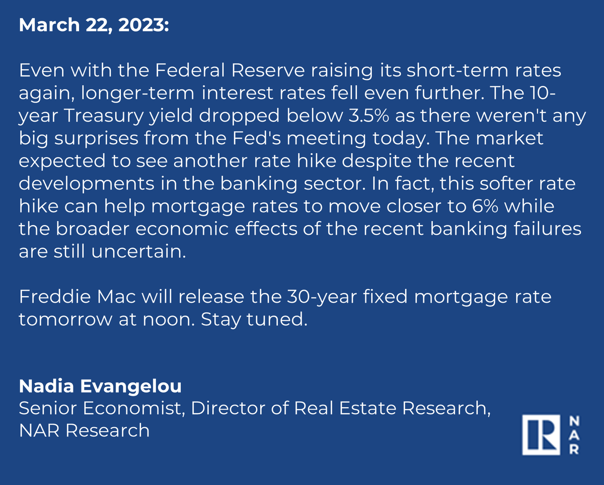 "The 10-year Treasury yield dropped below 3.5%...this softer rate hike can help mortgage rates to move closer to 6% while the broader economic effects of the recent banking failures are still uncertain."