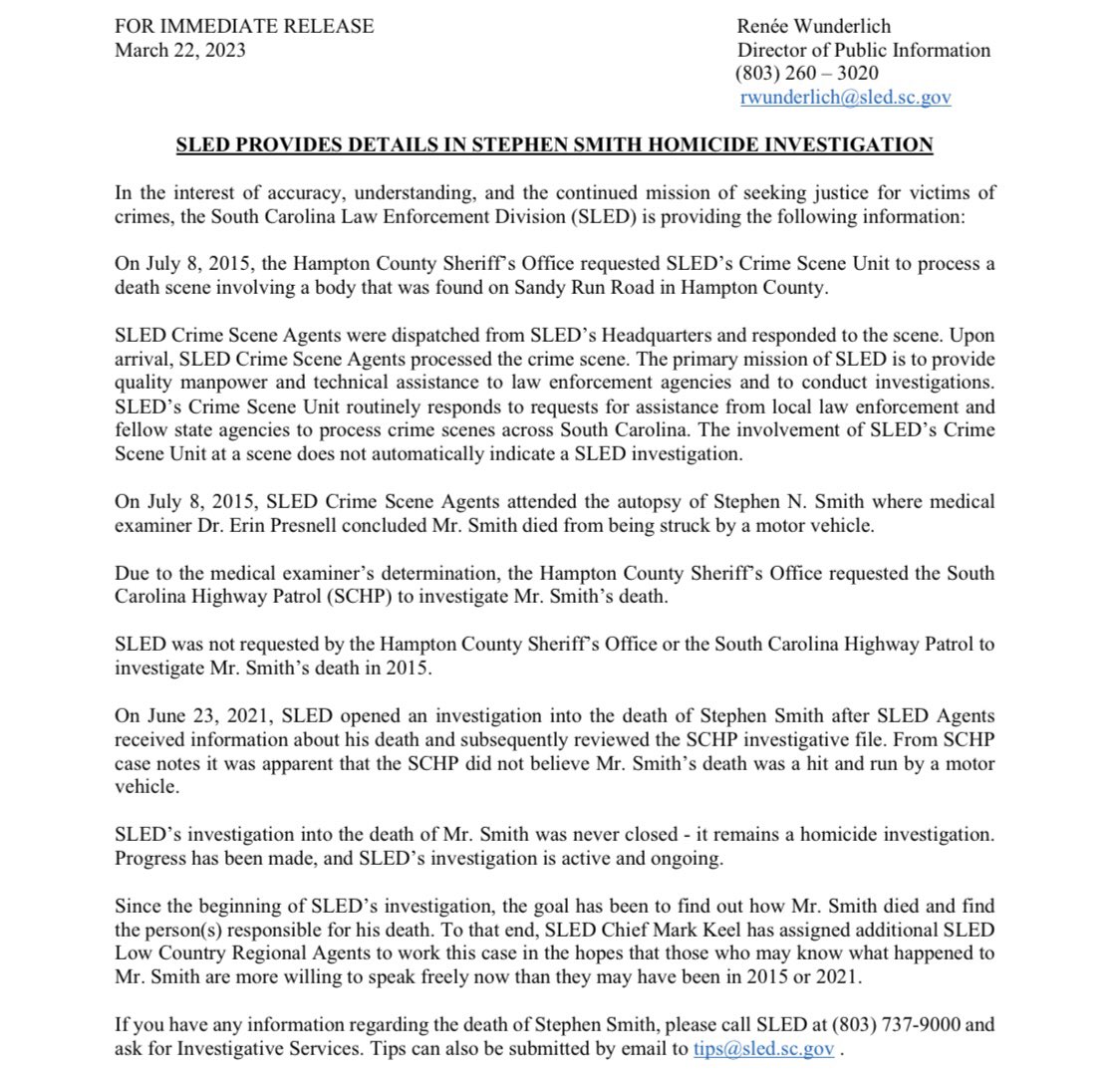 SLED gives update on Steven Smith homicide investigation. Says people with information may be "more willing to speak freely" than they were in 2015. <a href="/wsoctv/">WSOCTV</a>