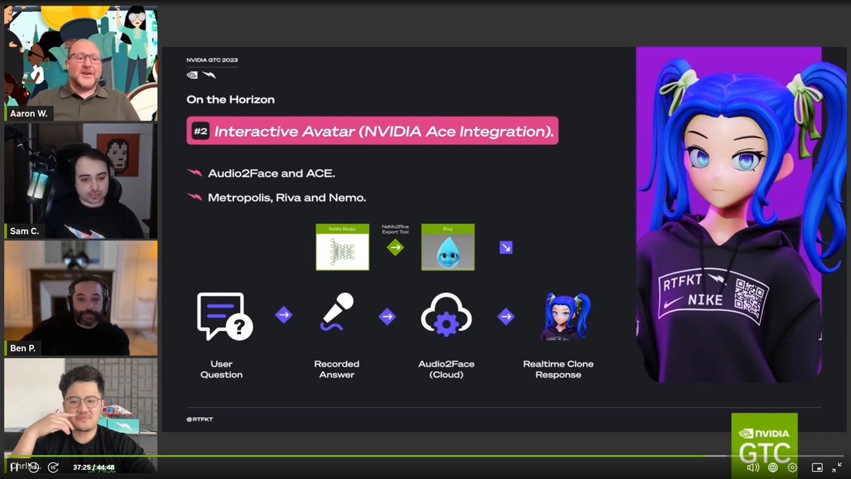 So @RTFKT is partnering with @nvidia to infuse #CloneX avatars with some AI powered superpowers including being able to have your avatar speak naturally based on recorded audio & even have its own brain so it can respond without you being there. RTFKT..always few steps ahead.🤯