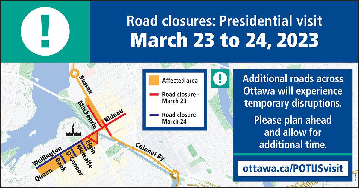 Tomorrow the U.S. President & First Lady Biden will visit #OttCity. Expect traffic & transit delays in certain parts of Ottawa. Follow @Ottawa_Traffic for live traffic updates, or see our interactive traffic map: bit.ly/3GfvLNA Planned impacts: bit.ly/42BxGbY