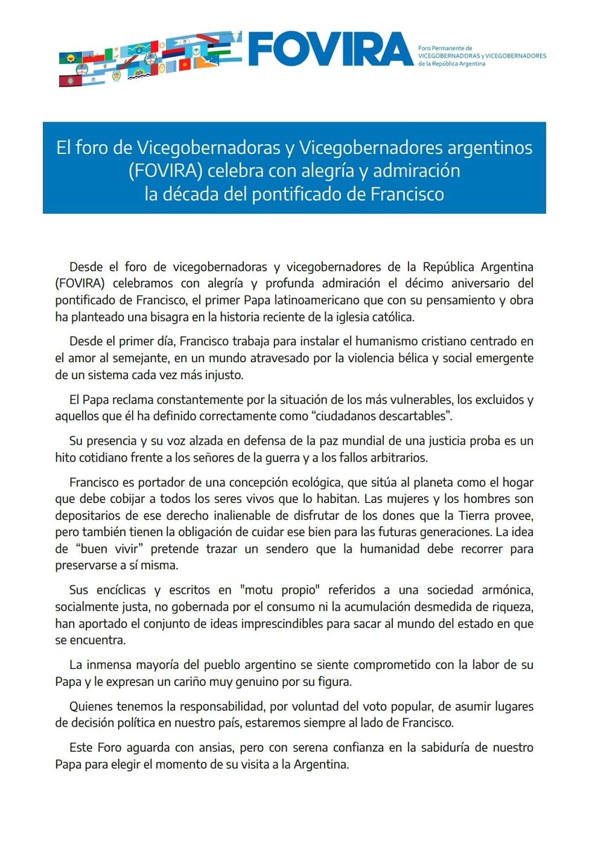 FOVIRA_Arg's tweet photo. 📌El foro de Vicegobernadoras y Vicegobernadores argentinos (FOVIRA) celebra la década del pontificado de @Pontifex_es https://t.co/9IUFSfJarX