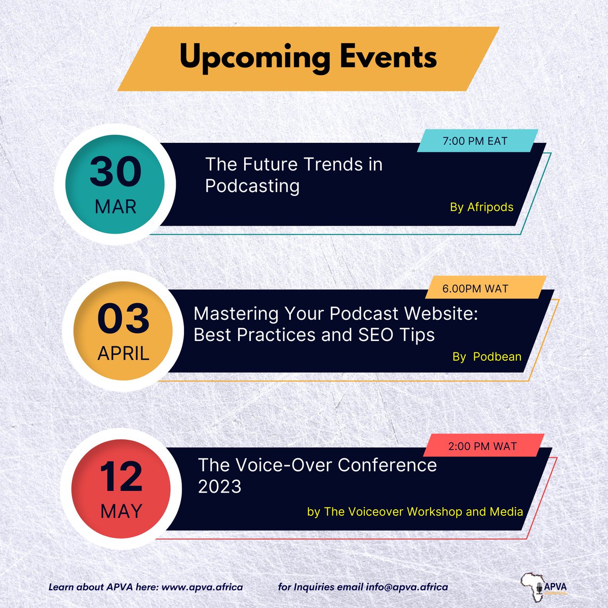 APVAofficial's tweet photo. Are you ready to get your ears tickled with the best audio content from Africa? Then get ready to mark your calendar because we have a lineup of amazing events you won't want to miss!
#apva #theafricancreative
Subscribe here: https://t.co/hTSUKjDa2n https://t.co/7usxFATPvo