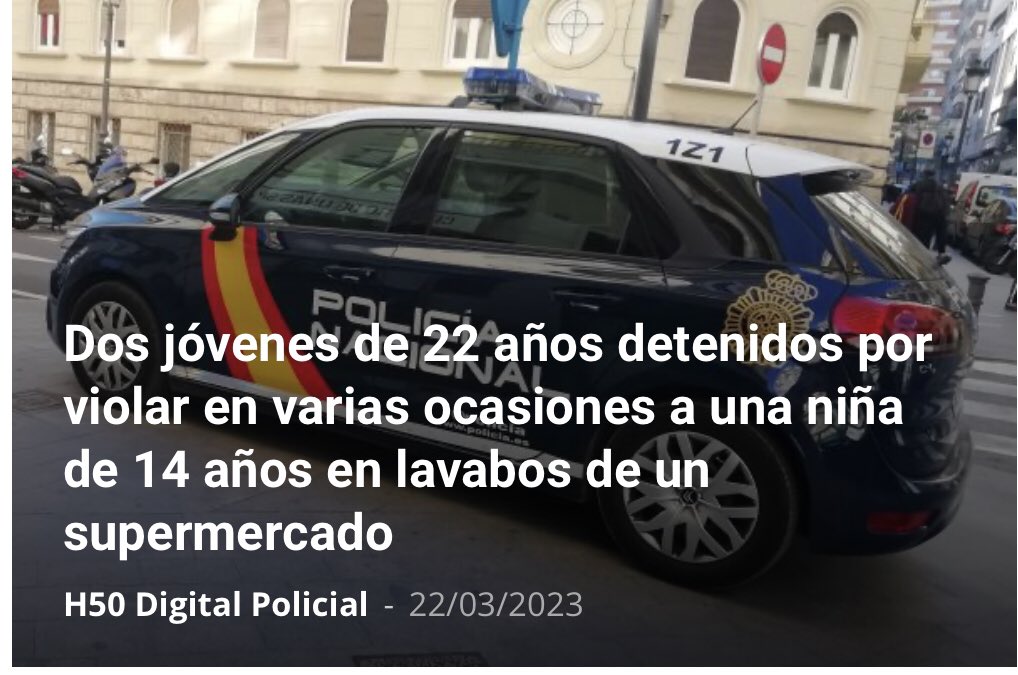 ÚLTIMOS DÍAS:
👉Dos detenidos en Alicante por violar a una niña de 14 años. La raptaron y violaron varías veces
👉Menor de 16 años violada en Valencia, agresor con antecedentes de 23 años
👉Niña de 11 años agredida en Badalona por varios menores 
✅Quizás debamos preocuparnos YA