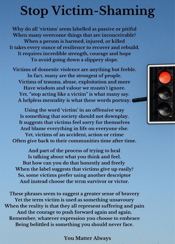 SuzieYMA's tweet photo. I have listened to the podcast interview with Steve Bartlett and Cole Sprouse (which I shared on the page earlier) and I mentioned how much I struggle with victim shaming as such
#YouMatterAlways #StopVictimBlaming #StopVictimShaming #factis #invalidation #stigma #shame https://t.co/hYKA1bHqXm