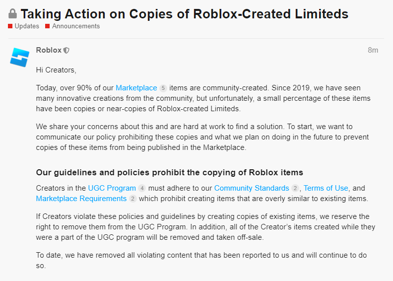 Roblox Trading News on X: Roblox has addressed taking action on Roblox  limited copies on the developer forum! They plan on improving the content  moderation and ability to detect limited copies with