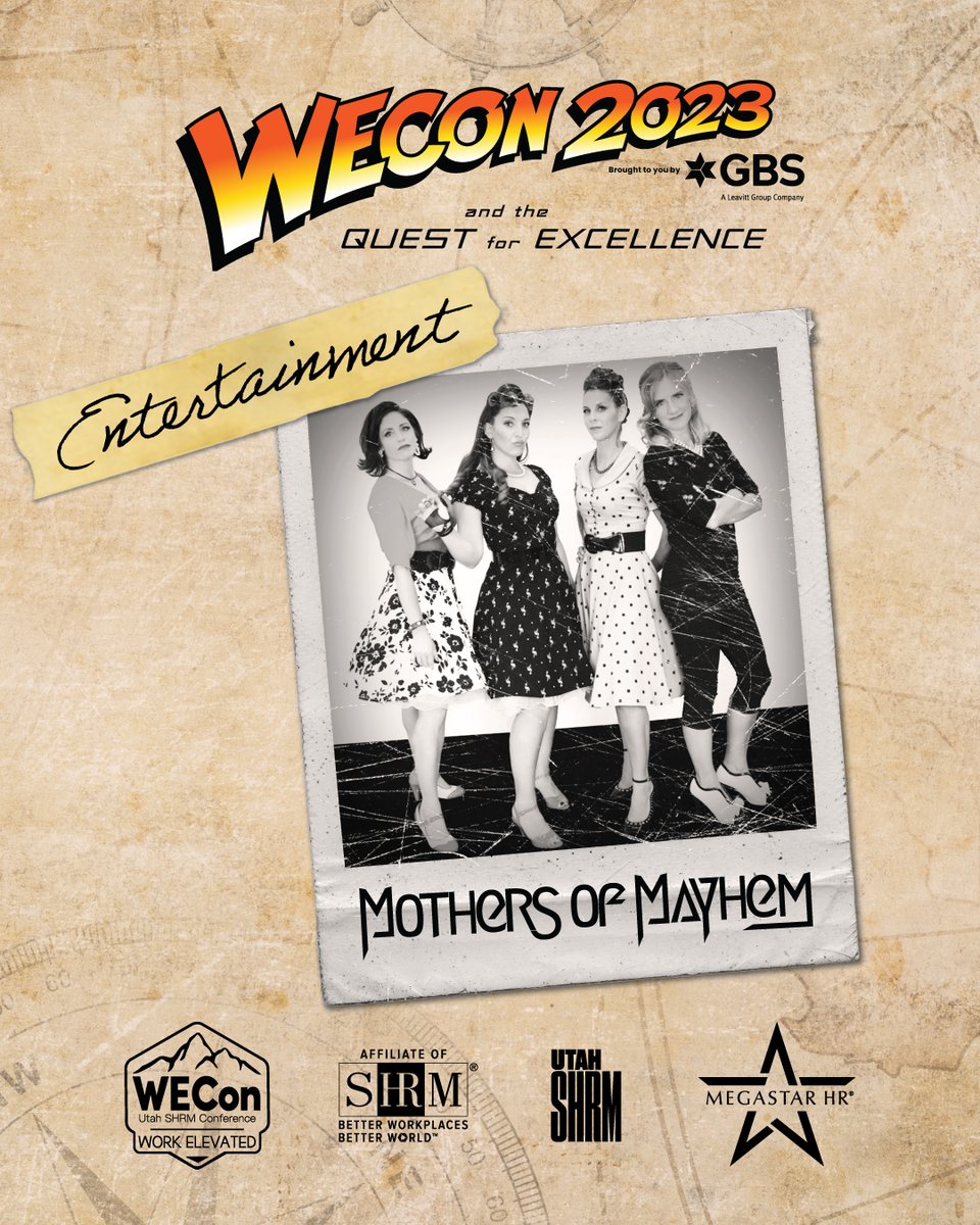 UtahSHRM's tweet photo. Mothers of Mayhem is back by popular demand! Nothing says undaunted like four moms in 50s get-up belting out Led Zeppelin and Jimi Hendrix.
Run away from that boulder, Indiana, but this rock you don’t want to miss.
#mothersofmayhem #wecon #utahshrmconference https://t.co/qIsMNagnWT