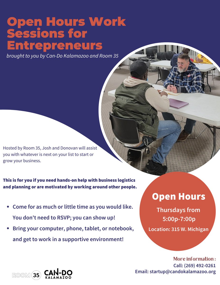 Our partners Can-Do Kalamazoo and <a href="/Room_thirtyfive/">Room 35 Ecosystem|Programing|Consulting</a> offer entrepreneurs a great opportunity to collaborate and learn. Work sessions are hosted every Thursday from 5-7 p.m. at 315 W. Michigan Ave. in Kalamazoo. More info attached.