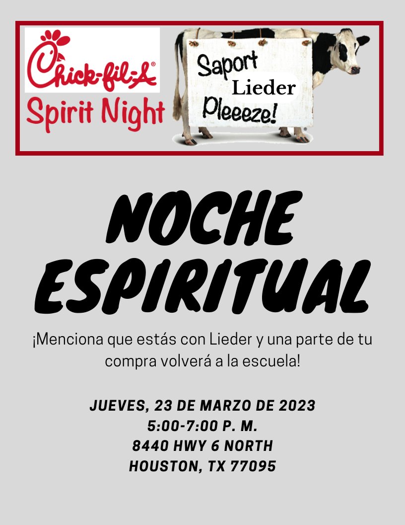 CFISDLieder's tweet photo. Support our Lieder Leopards by joining up for dinner at Chick-fil-a tomorrow night. Mention our school when you order, and a portion of the sales will come back to our campus. #liederleopardsarebettertogether #eatmorechicken #noneedtocook https://t.co/w3Z7YsZymA