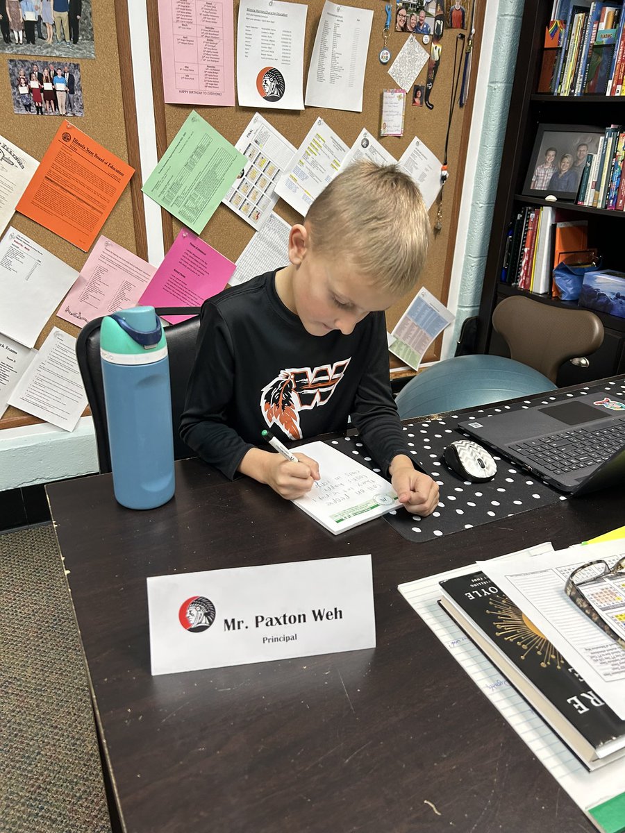 PrincipalWoll's tweet photo. Mr. Paxton Weh won the PTG raffle to be Principal with Mrs. Woll for a half day. He spent the afternoon observing teachers, making announcements, appreciating teachers, and having lunch at DK with a buddy. He took this job very seriously! 🧡🖤🧡 #wesclinwarriors https://t.co/CEI4lneT80