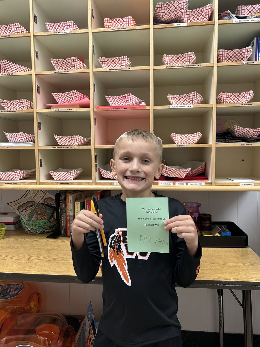 PrincipalWoll's tweet photo. Mr. Paxton Weh won the PTG raffle to be Principal with Mrs. Woll for a half day. He spent the afternoon observing teachers, making announcements, appreciating teachers, and having lunch at DK with a buddy. He took this job very seriously! 🧡🖤🧡 #wesclinwarriors https://t.co/CEI4lneT80