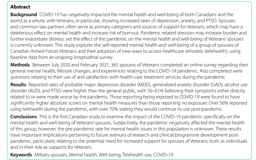 Fardous Hosseiny (@fhosseiny) on Twitter photo New Publication: Impact of the COVID-19 pandemic on the mental health and well-being of Veterans’ spouses: a cross sectional analysis
<a href="/JDRichardsonMD/">JD Richardson</a> <a href="/AnthonyNazarov/">Anthony Nazarov</a> <a href="/RachelPlouffe00/">Dr Rachel Plouffe</a> <a href="/atlasveteransca/">Atlas Institute for Veterans and Families</a> <a href="/BioMedCentral/">BMC</a> New Publication: Impact of the COVID-19 pandemic on the mental health and well-being of Veterans’ spouses: a cross sectional analysis
<a href="/JDRichardsonMD/">JD Richardson</a> <a href="/AnthonyNazarov/">Anthony Nazarov</a> <a href="/RachelPlouffe00/">Dr Rachel Plouffe</a> <a href="/atlasveteransca/">Atlas Institute for Veterans and Families</a> <a href="/BioMedCentral/">BMC</a>