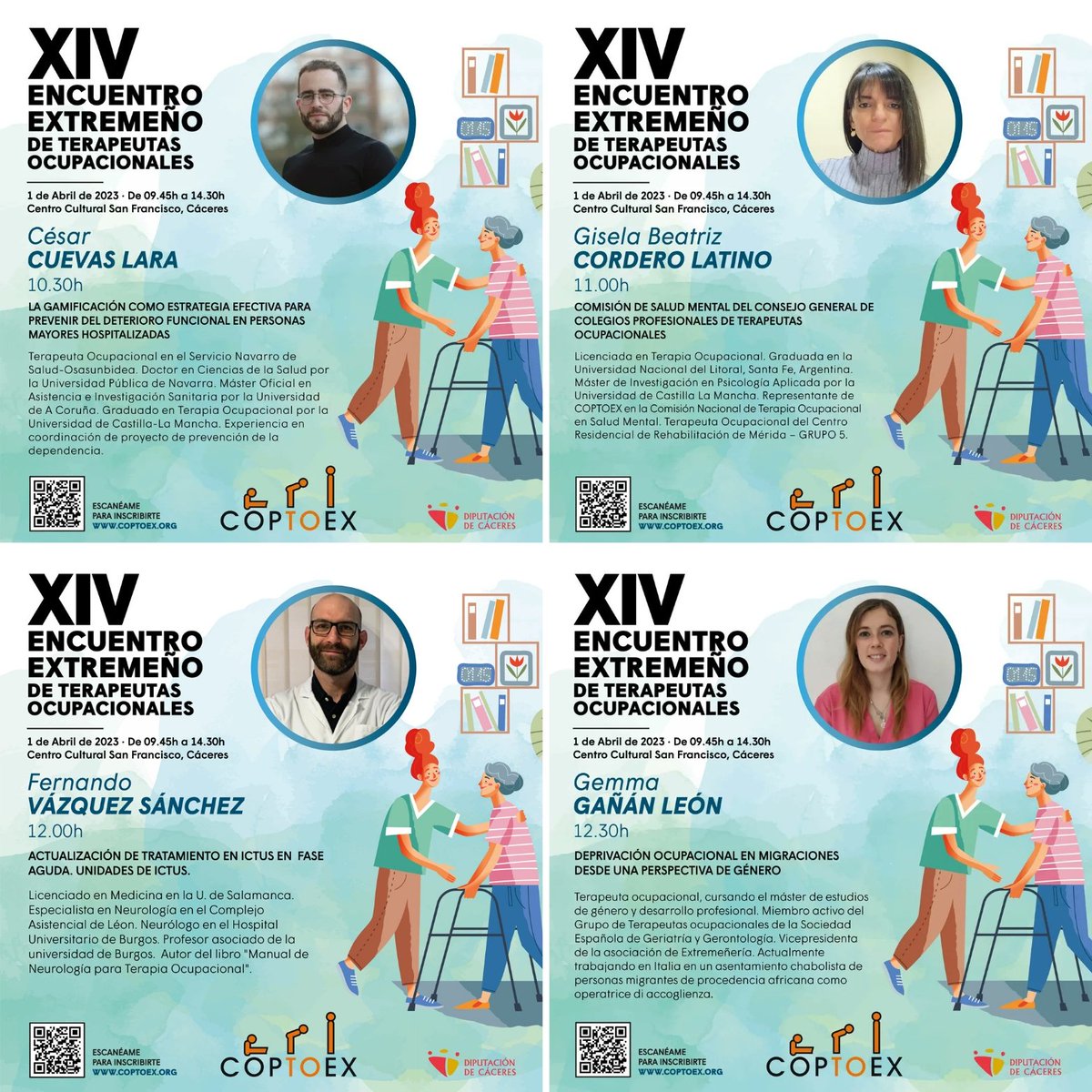 coptoex's tweet photo. César, Gisela, Gemma y Fernando nos acompañarán en el XIV Encuentro Extremeño de Terapeutas Ocupacionales🔝.
Cuatro charlas, para cuatro realidades. Una oportunidad para aprender.
No te lo debes perder, no te lo puedes perder👇
Inscripciones➡️ https://t.co/qvVcMmeWjY
#EExTO14 https://t.co/cRZ1ndRyM1