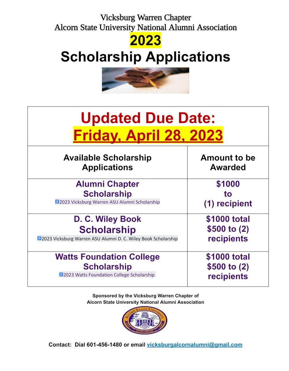 MaryAPeoples's tweet photo. 🖋📝SCHOLARSHIP OFFERINGS #VicksburgWarrenChapter
Please share with any Warren or Claiborne County high school senior who is planning to attend Alcorn State University, Summer or Fall 2023.💜💛

💰Complete list &amp; links to the (3) VWC Scholarship Offerings
https://t.co/pZmNSsWonl https://t.co/rOdQCwUEdn
