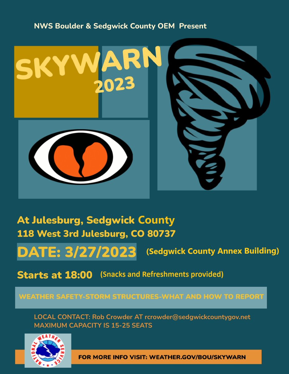 ColoCounty's tweet photo. Interested in learning more about the weather? Join us for our annual weather spotter class on Monday, March 27th at the Sedgwick County Annex Building, at 6pm. https://t.co/r4saJbv1bW