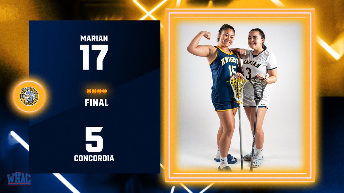 MUKnights's tweet photo. LAX | FINAL

@MarianULacrosse win their fourth straight as they move to 2-0 in WHAC play with the dominating win over Concordia!

Ruby Mason led with 4 goals, while Katelynn Gray and Ashlynn Gray each recorded the hat trick https://t.co/hrWgQlFOau