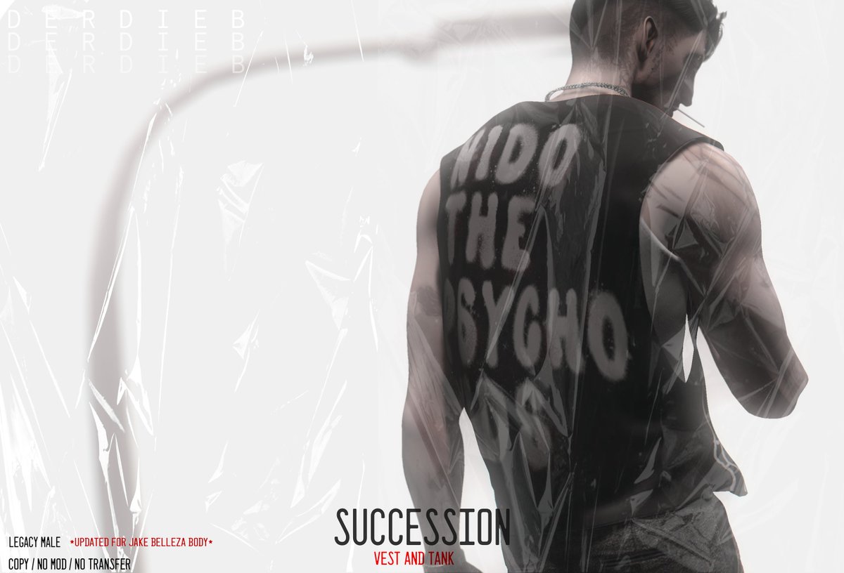 Derdiebx's tweet photo. NEW RELEASE 🔥🔥🔥
Derdieb / Succession at @ALPHA by ACCESS
Vest and tank for Legacy M and Jake body. 
Tank basic color, damage and dirt. 
Vest with 8 different designs. 
Take a look to the HUD on the comments. 
TRY DEMO
ALPHA TP 
https://t.co/XBJqcNAGOm https://t.co/BJfrFAM9Oi
