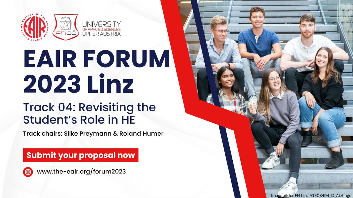 Track 4 [EAIR Forum 2023]: Revisiting the Student’s Role in HE 
Chairs: Silke Preymann &amp; Roland Humer

Read more and apply: buff.ly/3Jz08Ct

#EAIR2023 #Stakeholders #Student #AutonomousLearning #AcademicCommunity #Community #Expectations #Extracurricular #Engagement