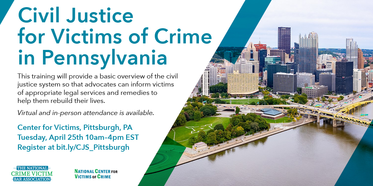⚖️There's still time to sign up for this great training! Join @VictmBar for this FREE civil justice seminar in #Pittsburgh (or online) on April 25 so that YOU can assist victims of crime access legal services and remedies to help them rebuild their lives. bit.ly/CJS_Pittsburgh