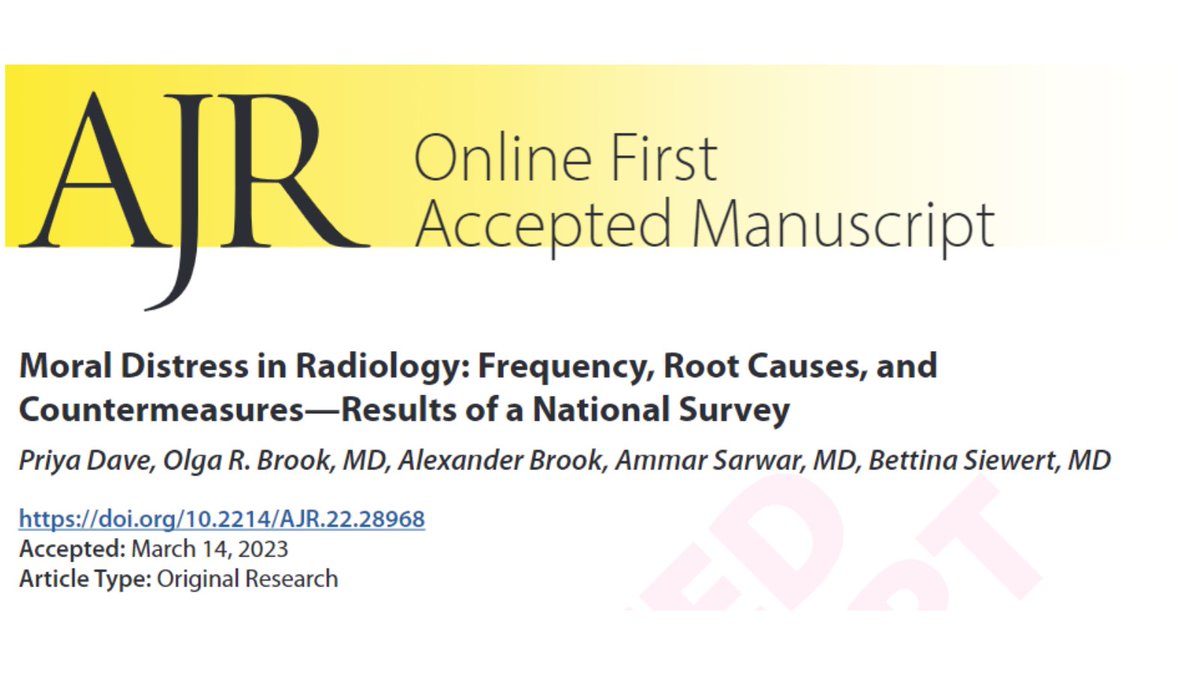 New <a href="/AJR_Radiology/">AJR</a> Accepted Manuscript:

"Moral Distress in Radiology: Frequency, Root Causes, and Countermeasures—Results of a National Survey"

By Drs <a href="/priyasdave/">Priya Dave</a>,  <a href="/BettinaSiewert/">Bettina Siewert</a>, &amp; team <a href="/BIDMCRad/">BIDMC Department of Radiology</a>  

ajronline.org/doi/abs/10.221…
