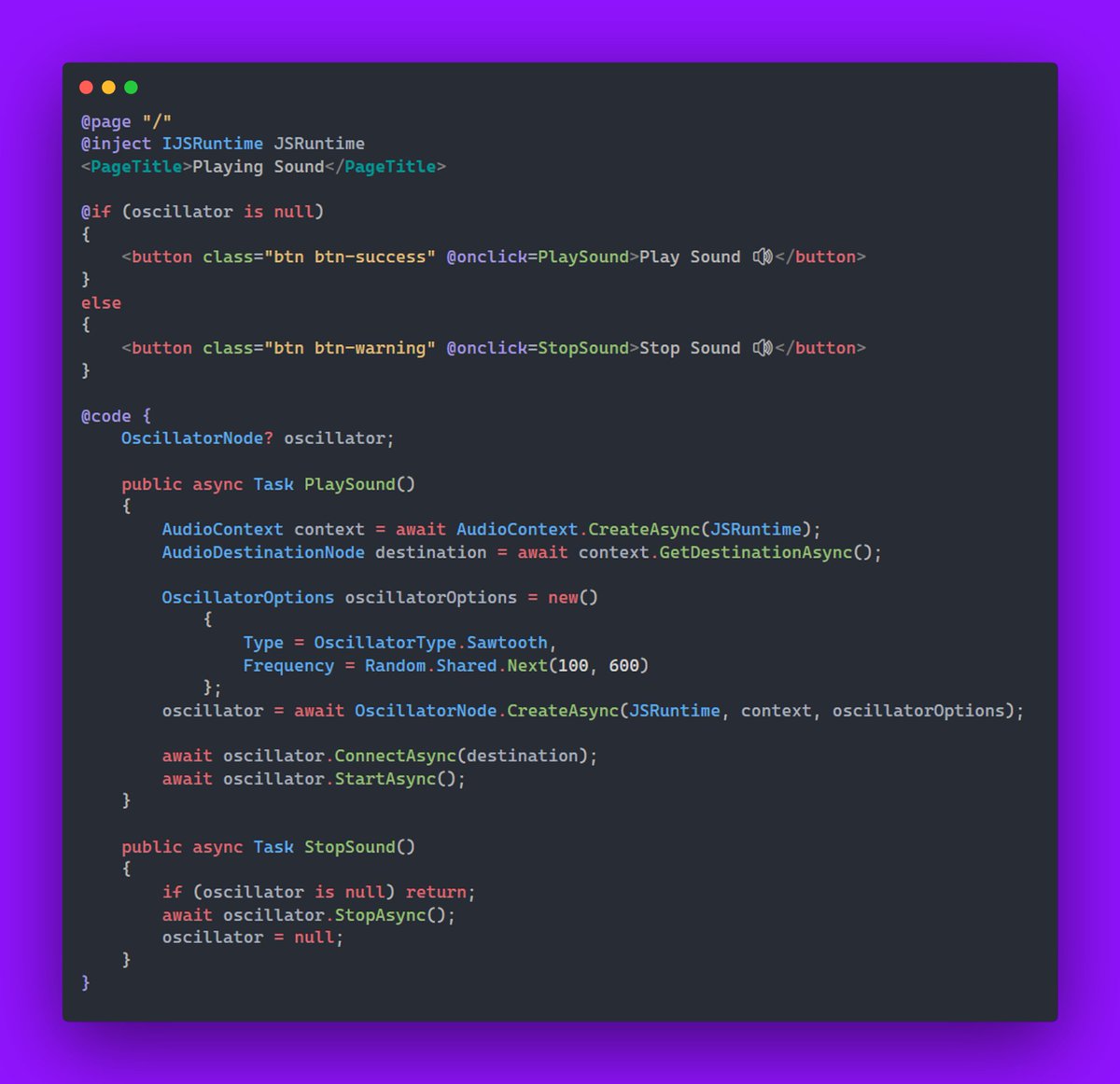 KStrubeG's tweet image. Okay, the Web Audio API is cool! 🌐🔊
I'm beginning to wrap the Web Audio API in Blazor and the first PoC for making an oscillating sound is done. But, this is a huge API. The WebIDL spec itself is 669 lines.
Project: github.com/KristofferStru…
#dotnet #blazor #csharp #audio