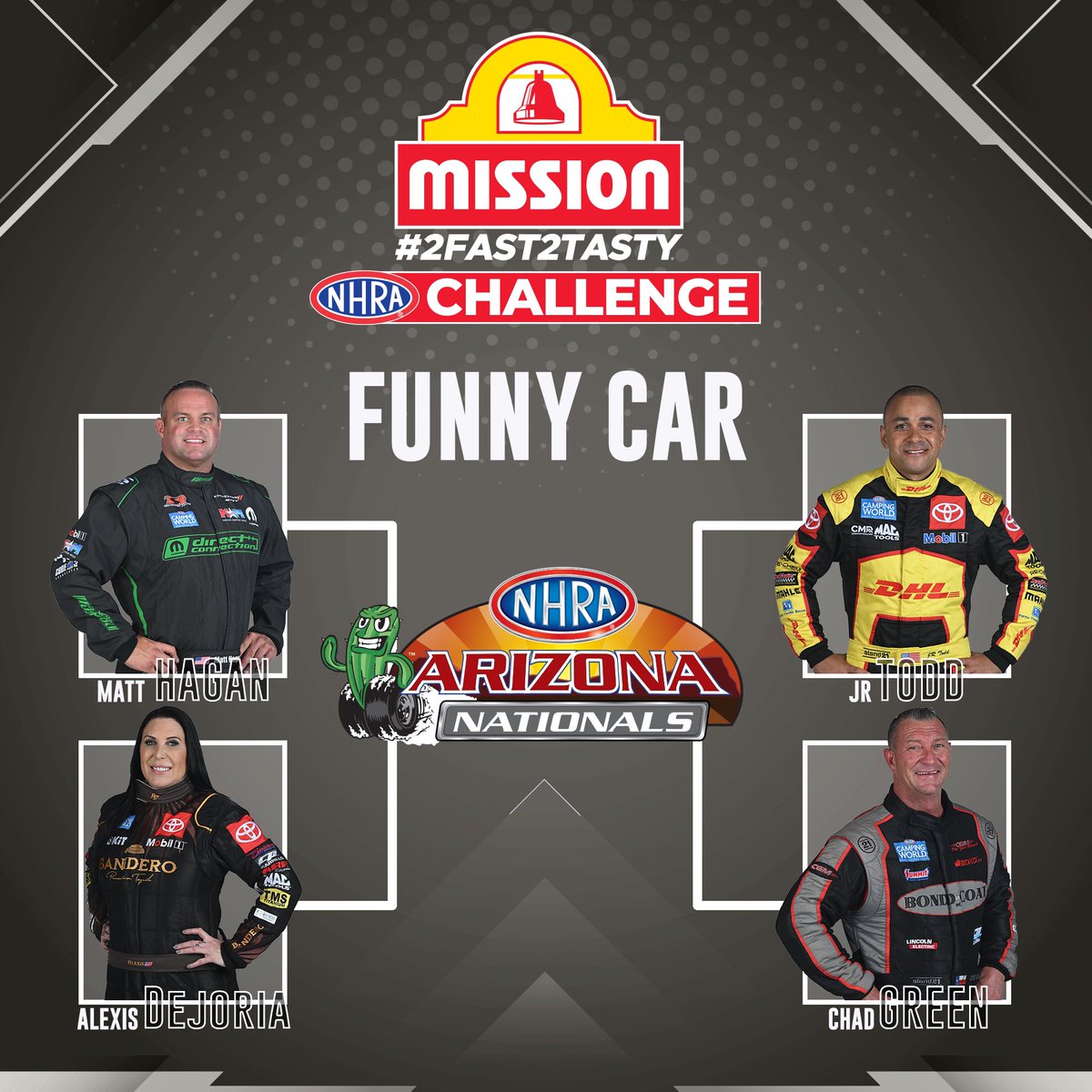 nhrad7's tweet photo. The matchups are set for the FIRST @MissionFoodsUS #2Fast2Tasty Challenge at the #ArizonaNats!   Who will take home the win in the rematch of semifinalists from the #Gatornats?   It all goes down during Saturday qualifying at @RaceWildHorse! https://t.co/5vF3SmqcfI