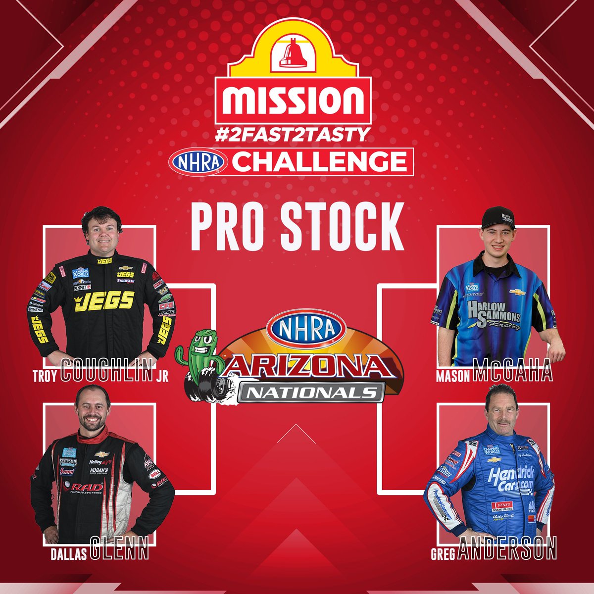 nhrad7's tweet photo. The matchups are set for the FIRST @MissionFoodsUS #2Fast2Tasty Challenge at the #ArizonaNats!   Who will take home the win in the rematch of semifinalists from the #Gatornats?   It all goes down during Saturday qualifying at @RaceWildHorse! https://t.co/5vF3SmqcfI