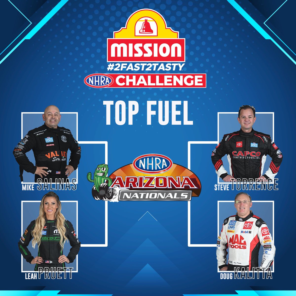 nhrad7's tweet photo. The matchups are set for the FIRST @MissionFoodsUS #2Fast2Tasty Challenge at the #ArizonaNats!   Who will take home the win in the rematch of semifinalists from the #Gatornats?   It all goes down during Saturday qualifying at @RaceWildHorse! https://t.co/5vF3SmqcfI