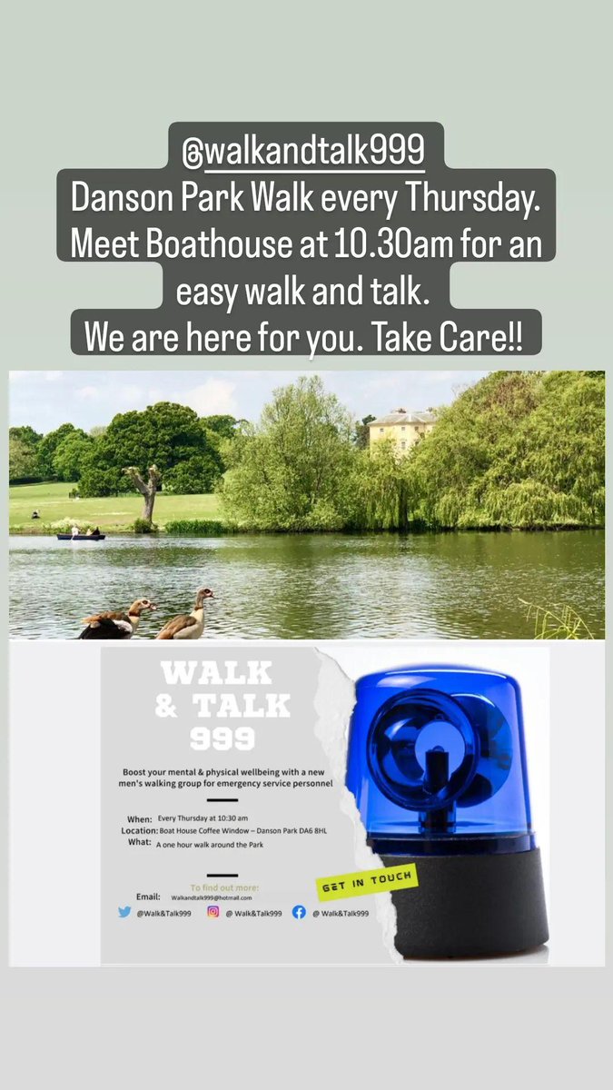 Weekly Reminder!!  Our Danson Park walk tomorrow (SE London)
10.30am at the Boathouse...
Its open to all men serving or retired in the emergency services, NHS and Armed forces, be great to see you there #999family #ArmedForces #NHS
@WalkandTalk999