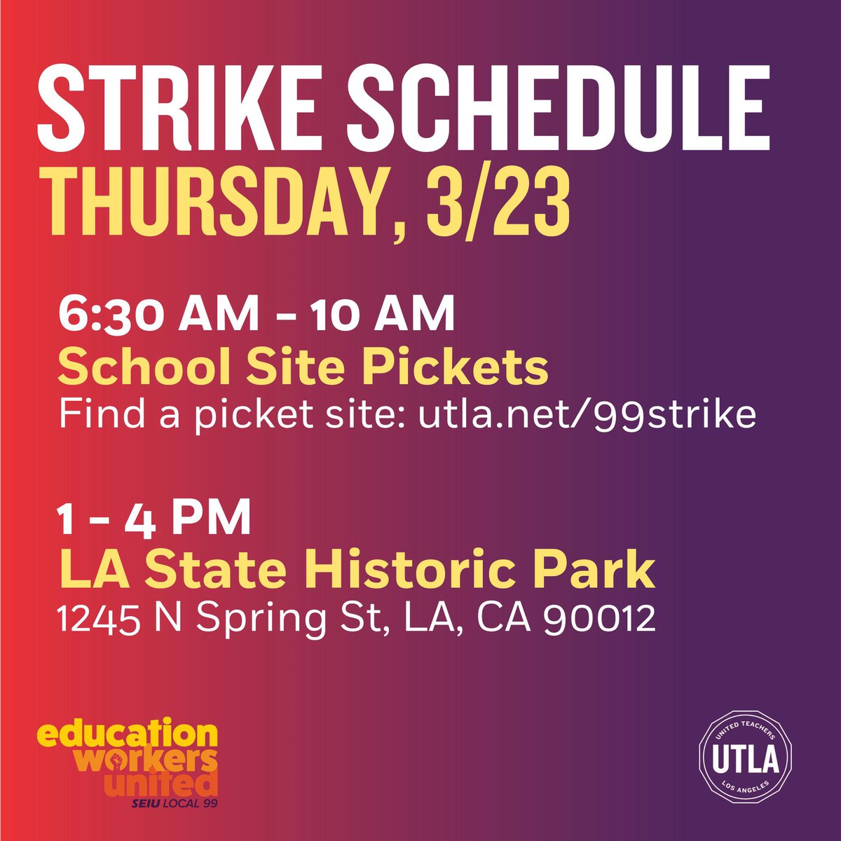 One day longer, One day stronger!
💜❤️ See you bright and early tomorrow, Thursday 3/23, on the picket line! <a href="/LASchools/">Los Angeles Unified</a>
 
<a href="/LAUSDSup/">Alberto M. Carvalho</a> will see us out there too.  #United4LA utla.net/99strike
