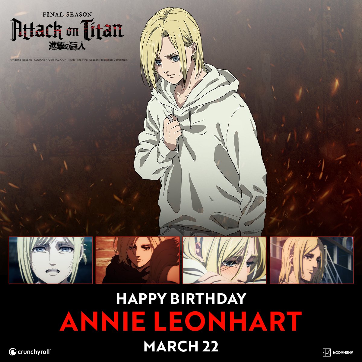 AttackOnTitanEN's tweet photo. Happy Birthday, Annie Leonhart! 🎉 https://t.co/SUPWCUJFZZ
