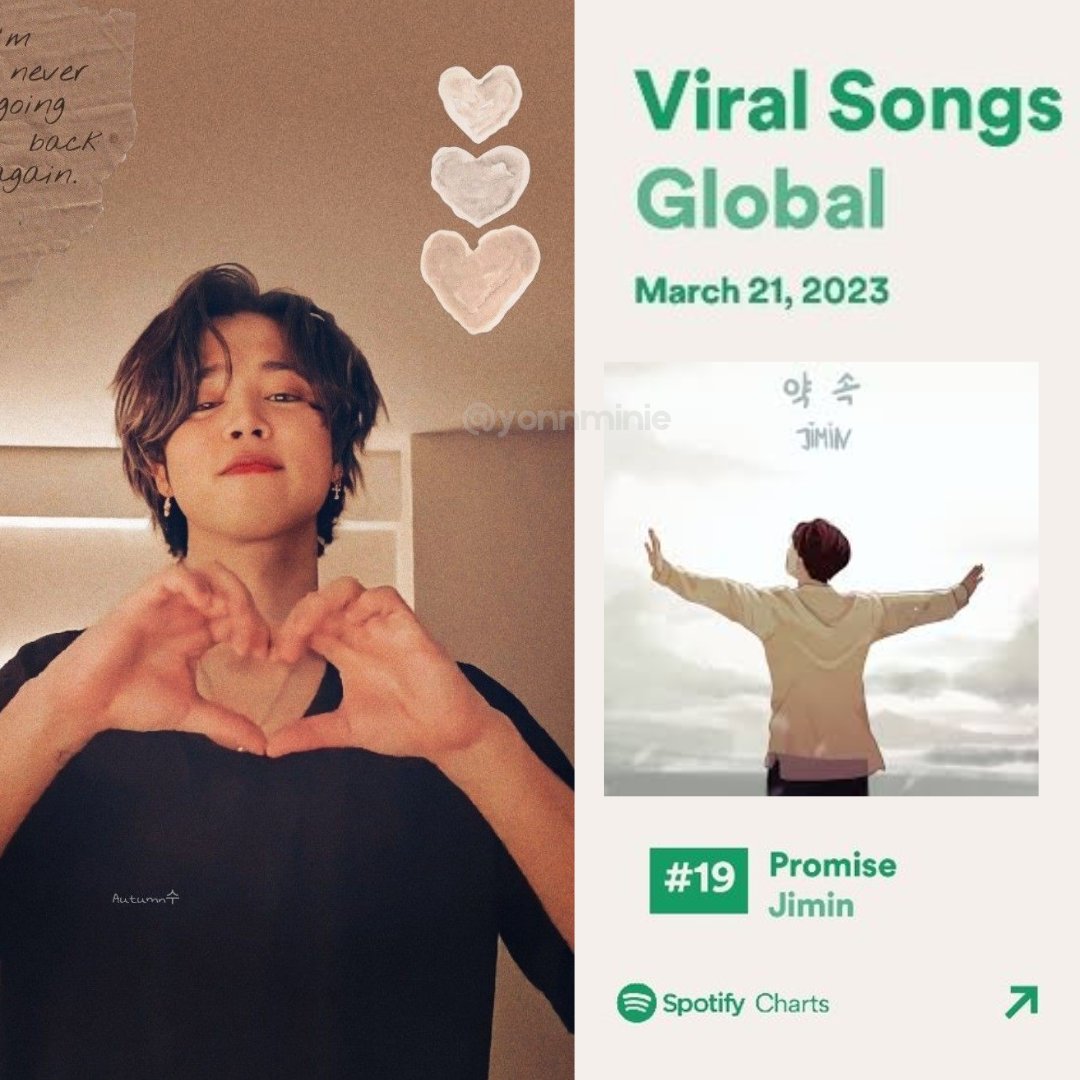 — 💖 'Promise' de Jimin está en el puesto 19 en la lista global de canciones virales diarias de Spotify para el 21 de marzo de 2023 🎉

¡Felicidades Jimin! 👏

#JIMIN #지민 #promisebyjiminoutnow #promise_jimin #spotify_jimin