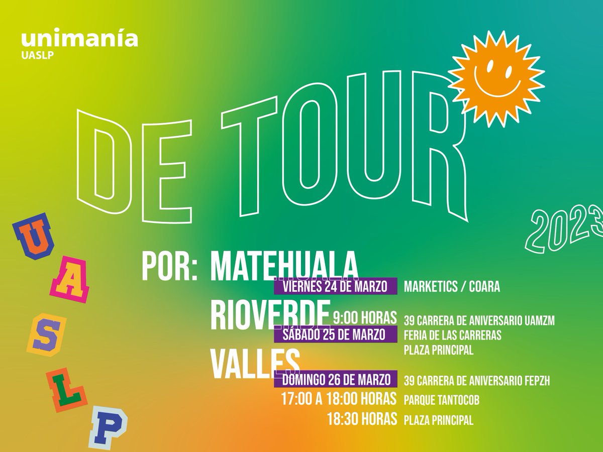 Este fin de semana #Unimanía estará de visita en tu campus:

➡️Matehuala / COARA / <a href="/MKTSBK/">MarkeTIC´s Break</a> 
➡️Rioverde / Plaza principal / 39 carrera de aniversario <a href="/uamzmUASLP/">UAMZM - UASLP</a> 
➡️Valles / Parque Tantocob y plaza principal / 39 carrera de aniversario <a href="/FEPZH_UASLP/">Facultad de Estudios Profesionales Zona Hca UASLP</a> 

#UASLP