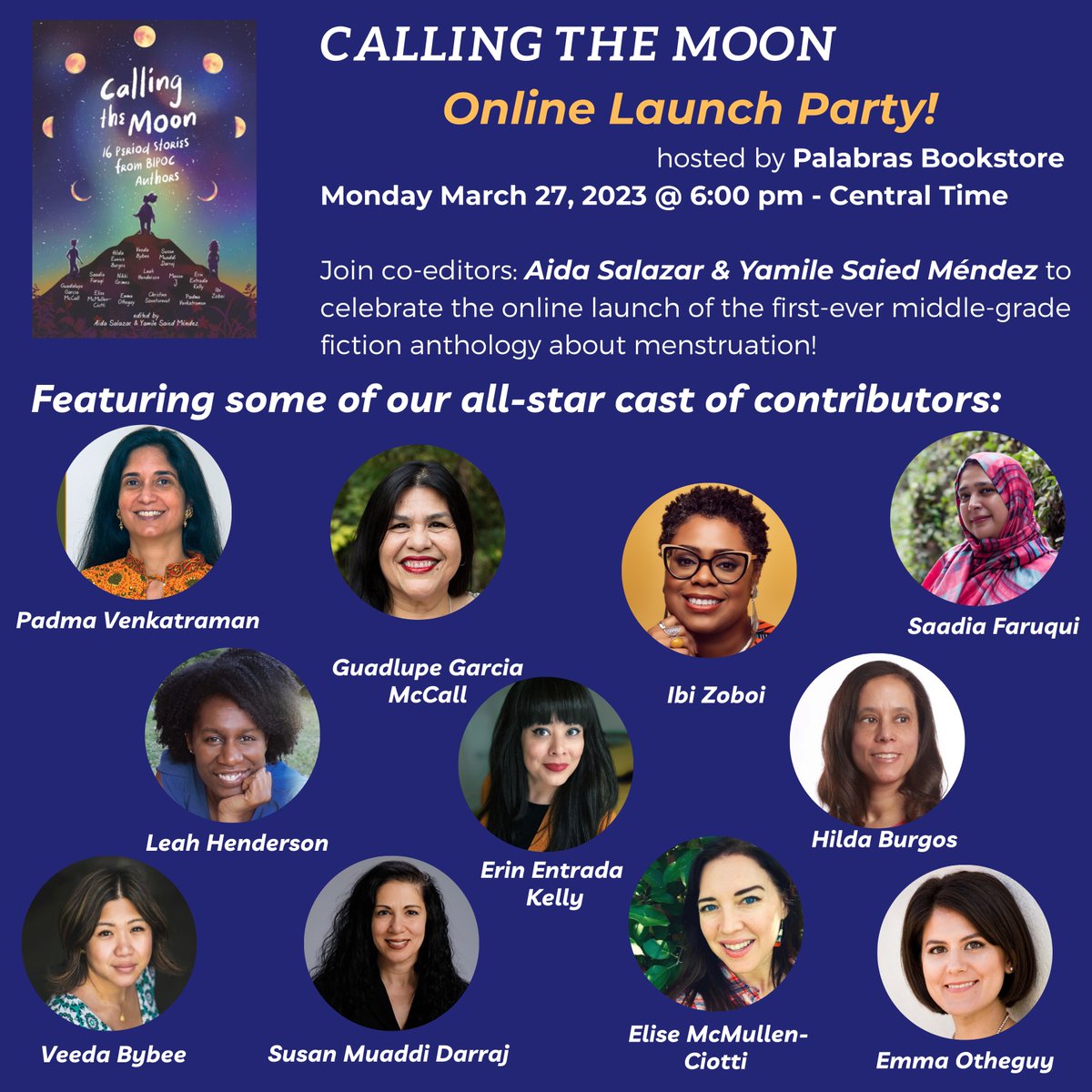 @palabras_books @padmatv @HildaEBurgos1 @LeahsMark @SusanDarraj @EmmaOtheguy @veedabybee @SaadiaFaruqi Join co-editors @aida_writes and @YamileSMendez and many of our all-star cast of contributors as we read from our work and discuss all things #periods @padmatv @ggmccall @SaadiaFaruqi @LeahsMark @erinentrada @HildaEBurgos1 @veedabybee @SusanDarraj @TheGalavantGirl @EmmaOtheguy